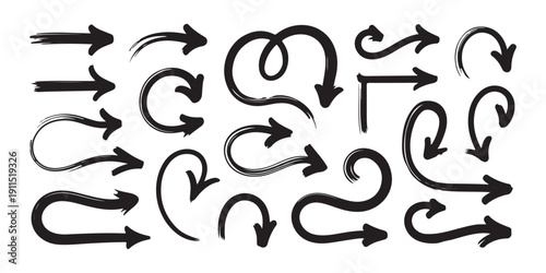 Set of hand drawn doodle arrows collection, black brushed painted arrow shapes, pointers, and directions