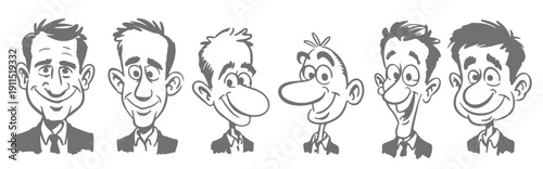 six gray scale cartoon silhouettes of smiling men in suits