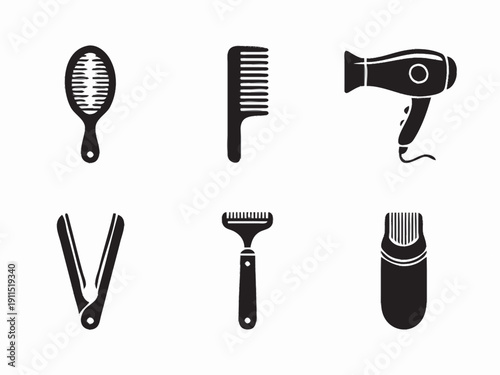 vector icons for hair and grooming tools: a hairbrush icon, a comb icon, a hair dryer icon, a straightener iron icon, a razor icon, and a beard trimmer icon