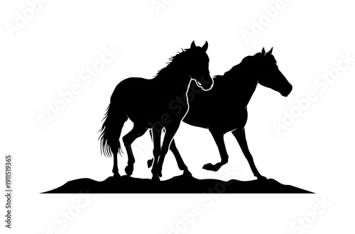 Two Wild Horses Running Silhouette Illustration
