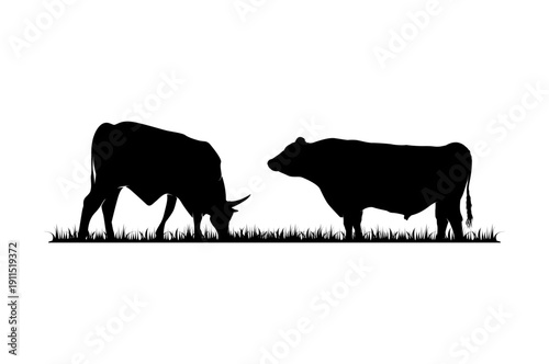 Cattle Grazing in Field Silhouette Illustration