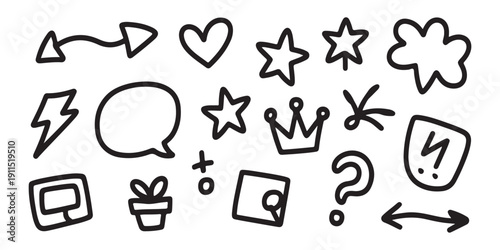 Set of hand drawn doodle elements, black sketch icons, arrows, hearts, stars, and speech bubbles collection