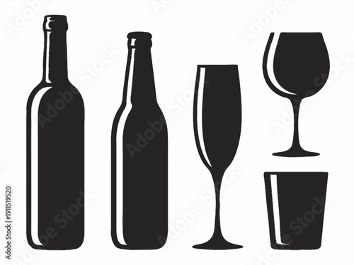 realistic bottle and glass silhouettes (wine bottle, beer bottle, soda bottle, wine glass, champagne flute, tumbler).