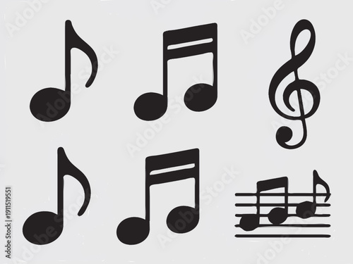 6 music symbol silhouettes: single note, double eighth note, treble clef, bass clef with negative space, cluster of notes, and a small staff-line segment with notes