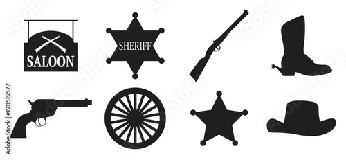 set of isolated black icons on a theme western 