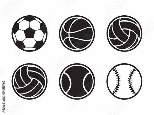 vector icons showing sports balls in badges: a soccer ball, a basketball, a tennis ball, a volleyball, a rugby ball, and a baseball, each inside its own circle badge