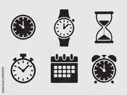 vector icons showing timekeeping symbols: a wall clock, a wristwatch, an hourglass, a stopwatch, a calendar page, and a small alarm clock