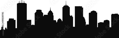 Urban city skyline silhouette with modern skyscrapers and downtown buildings, black panoramic cityscape horizon isolated on white background for architecture and business design projects.