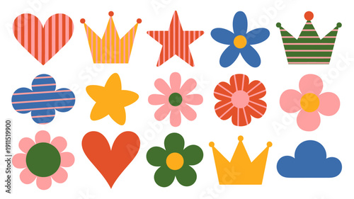 A collection of colorful flat design icons depicting hearts crowns stars flowers and other whimsical shapes high quality professional detailed modern elegant stylish clean crisp vibrant