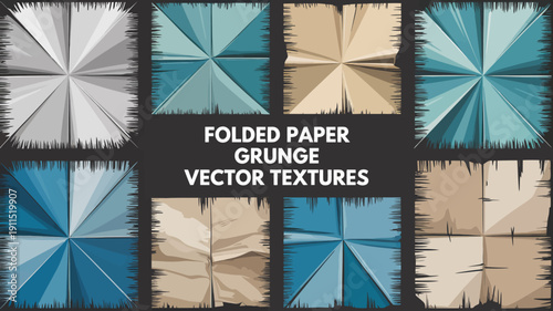 An arrangement of eight square panels displaying folded paper textures in shades of blue beige and gray high quality professional detailed modern elegant stylish clean crisp