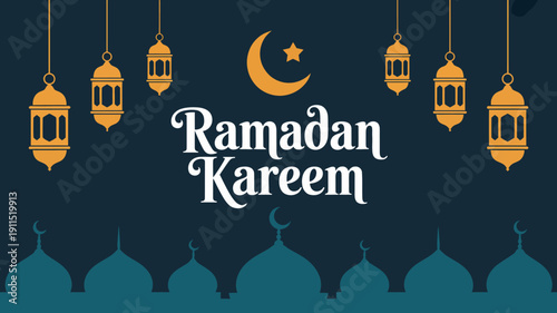 A festive ramadan kareem greeting features a crescent moon ornate lanterns and stylized mosque silhouettes against a dark teal background high quality professional detailed modern elegant