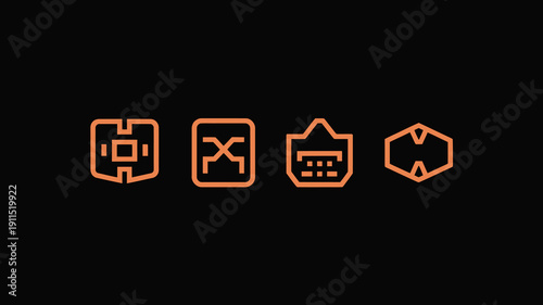 A black background displays four orange line art icons in a row each housed within a square frame high quality professional detailed modern elegant stylish clean