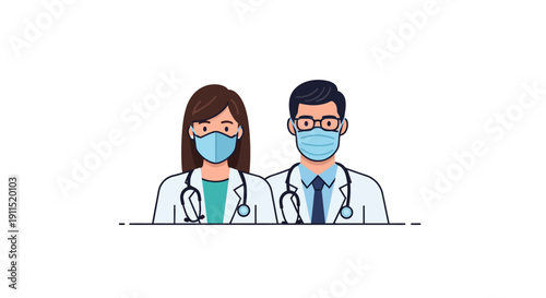 Medical Team with Masks Icon. Female and Male Doctors Wearing Protective Surgical Face Masks. Healthcare Professionals Vector Illustration.