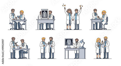 Doctors Teamwork Set. Medical Professionals Consulting, Analyzing X-Rays, and Celebrating Success. Healthcare Staff Collaboration Vector Illustration.