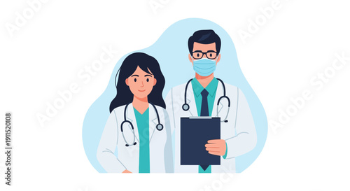 Professional Doctors Team: Male Physician in Mask and Female Doctor with Stethoscope. Healthcare Staff Collaboration Vector Illustration.