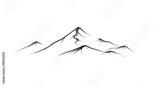 A minimalist black and white sketch depicts a range of jagged mountain peaks against a stark white background creating a serene landscape high quality professional detailed
