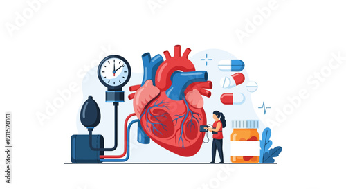 Cardiology, Hypertension and Heart Health Monitoring. Vector Illustration of Medical Treatment, Blood Pressure Check, and Cardiovascular Risk Awareness.