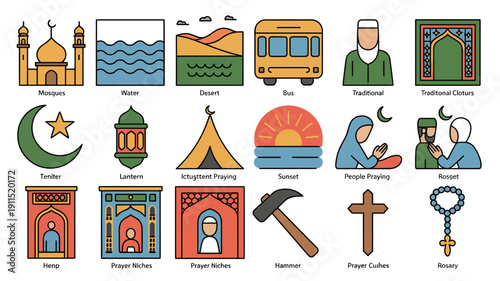 A colorful collection of islamic icons depicts religious symbols architecture and cultural elements associated with the faith and traditions high quality professional detailed modern elegant stylish