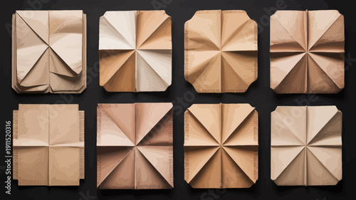 A grid displays nine meticulously folded paper squares in varying shades of brown beige and white against a dark background high quality professional detailed modern elegant