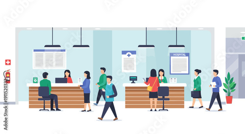 Patients Registering at Hospital Reception Desk. Medical Clinic Staff Assisting Visitors in Lobby Flat Vector Illustration.