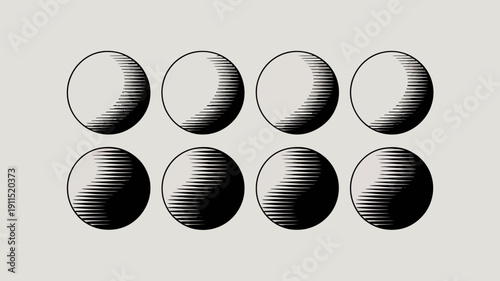 A detailed graphic depicts the phases of the moon ranging from full illumination to new moon using a linear engraving style high quality professional modern elegant