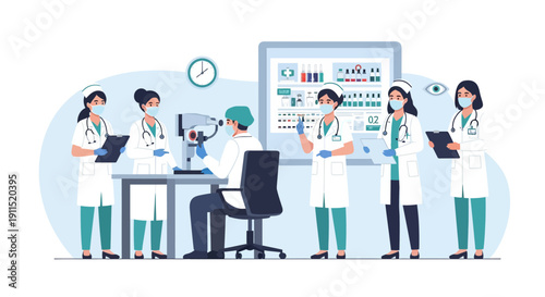 Medical Healthcare Team in Hospital or Clinic Performing Eye Examination. Doctor and Nurses Working Together. Vector Illustration.