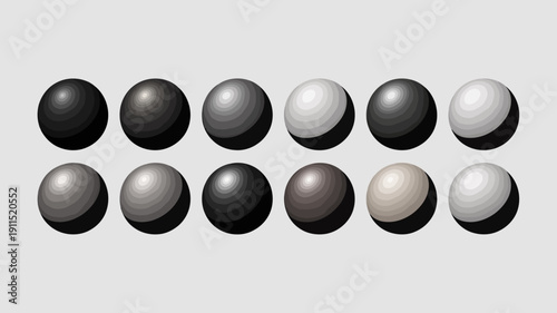An arrangement of ten spherical shapes displays a gradient of grayscale tones ranging from deep black to bright white high quality professional detailed modern elegant stylish