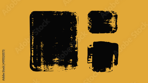 An abstract composition features three irregularly shaped black blocks against a solid ochre yellow background creating a minimalist design high quality professional detailed modern elegant stylish