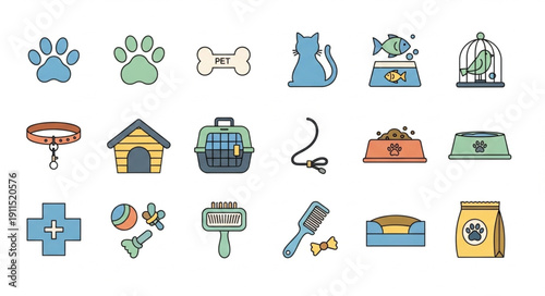 Collection of pet care and animal icons in a grid layout.