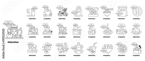 A series of black and white drawings of various objects and concepts