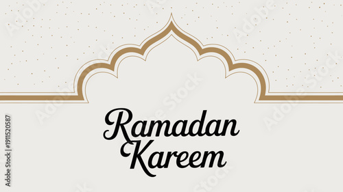 An elegant cream colored background features an ornate islamic arch and the calligraphy greeting Ramadan Kareem in dark script high quality professional detailed modern stylish clean
