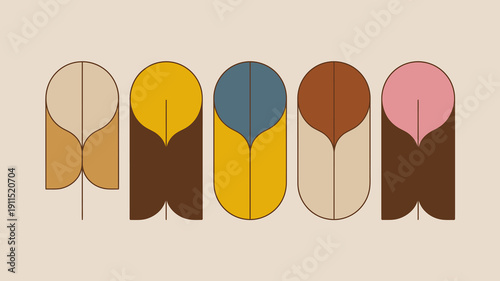 An abstract arrangement features seven vertically aligned semi circular shapes in varying earth toned colors and simple designs high quality professional detailed modern elegant stylish clean