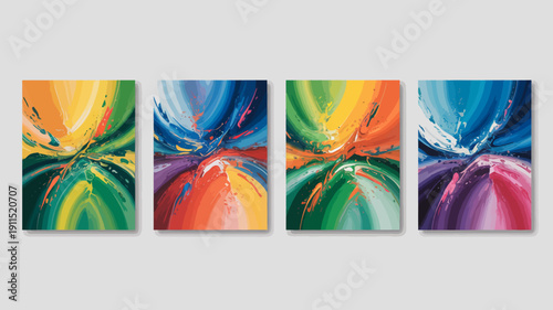 A vibrant four panel abstract artwork displays swirling colorful paint strokes creating a dynamic and energetic visual composition on a light backdrop high quality professional detailed