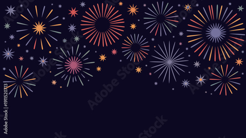 A vibrant display of colorful fireworks bursts against a dark navy blue background creating a celebratory and festive atmosphere high quality professional detailed modern elegant stylish