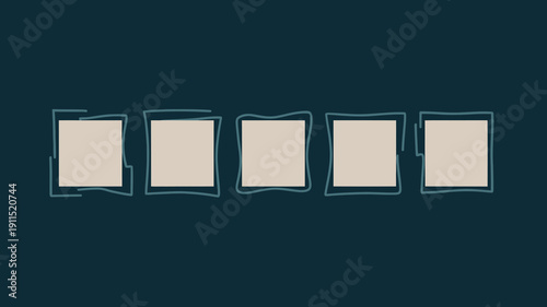 A teal background displays five off white squares each outlined with a slightly wavy light blue rectangular frame high quality professional detailed modern elegant stylish clean