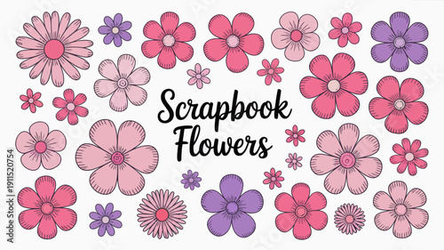 A vibrant collection of stylized flowers and the word scrapbook are displayed creating a cheerful and decorative floral arrangement high quality professional detailed modern elegant stylish