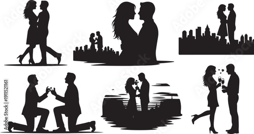 Romantic Silhouettes of Loving Couples in Various Scenes Together