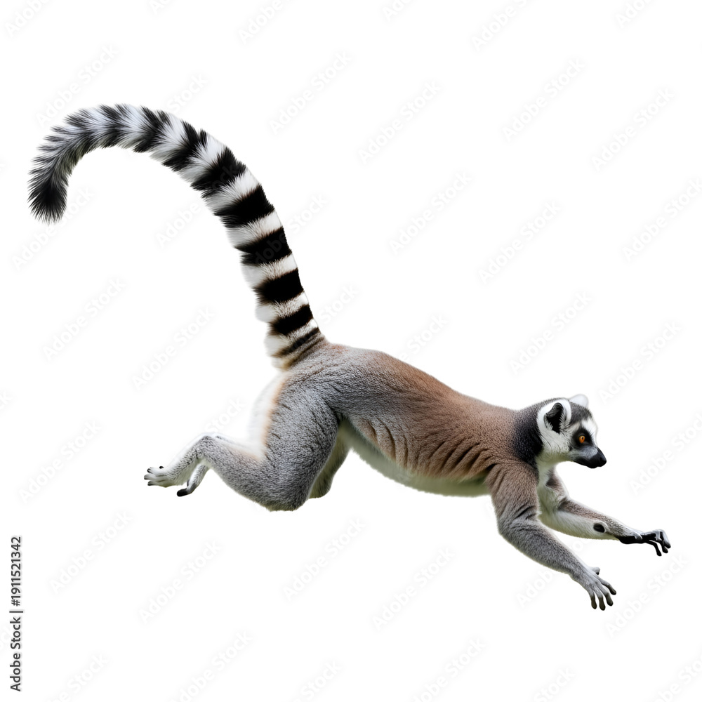 Naklejka premium Ring-tailed Lemur Jumping Isolated on White Background on white background, Isolated on Transparent Background