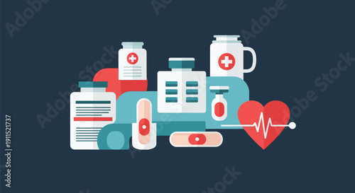 Flat Design Medical and Pharmacy Concept Illustration. Healthcare, Pills, Bandages, and Heartbeat Icon on Dark Background.