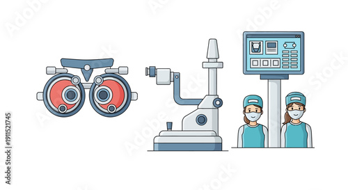 Optometry Examination Equipment: Phoropter, Slit Lamp, Digital Display, and Ophthalmologist Staff