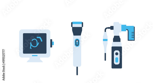 Healthcare Diagnostic Equipment Flat Icons: Ultrasound, Electric Clipper, and Otoscope Set