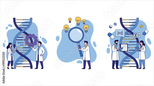Genetic laboratory and artificial DNA concept vector illustration. Male and female scientists with DNA helix, lab equipment, and light bulb idea. Ideal for medicine and biotech banners