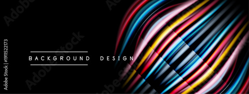 Abstract colorful lines over black background. Modern design elements create dynamic visual effect. Minimalist text labels bottom corner.