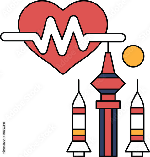 A heart is surrounded by a wave and a rocket