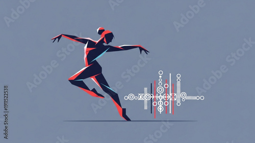 An active American football player jumping with a flag against a sky background creates a success symbol of action and sport joy in this abstract vector illustration of a men's silhouette