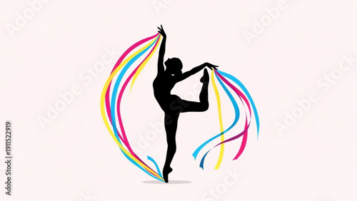Abstract blue vector illustration of a dancing woman and girl silhouette jumping in a fashion fitness ballet pose against a summer sky