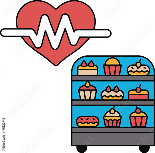 A heart is shown next to a display of pastries