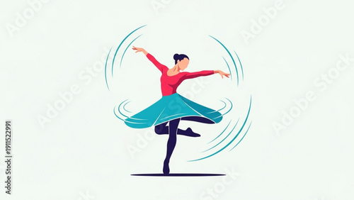 An abstract vector illustration of a fashion beauty person or child dancer in a pink dress dancing on a summer beach by the blue sea water