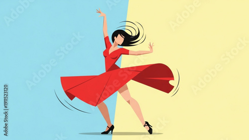A beautiful fashion illustration of a woman in a red dress dancing on a summer beach with a heart silhouette vector design