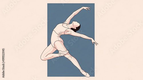 A graceful young ballerina in motion performs a powerful jump pose in a studio, capturing the beauty of a gymnast in a fitness dance action balance